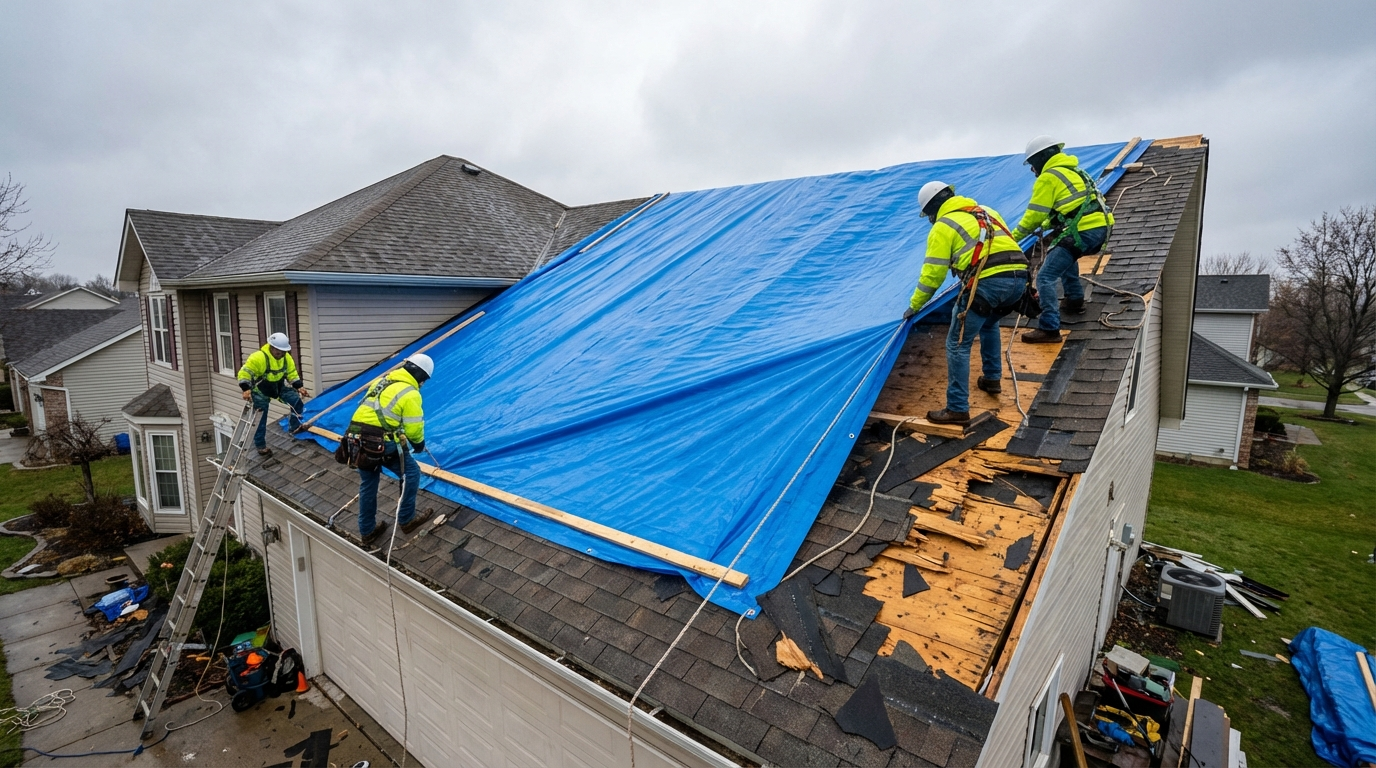 Roofing crew securing emergency tarp over storm-damaged residential roof to prevent water intrusion
