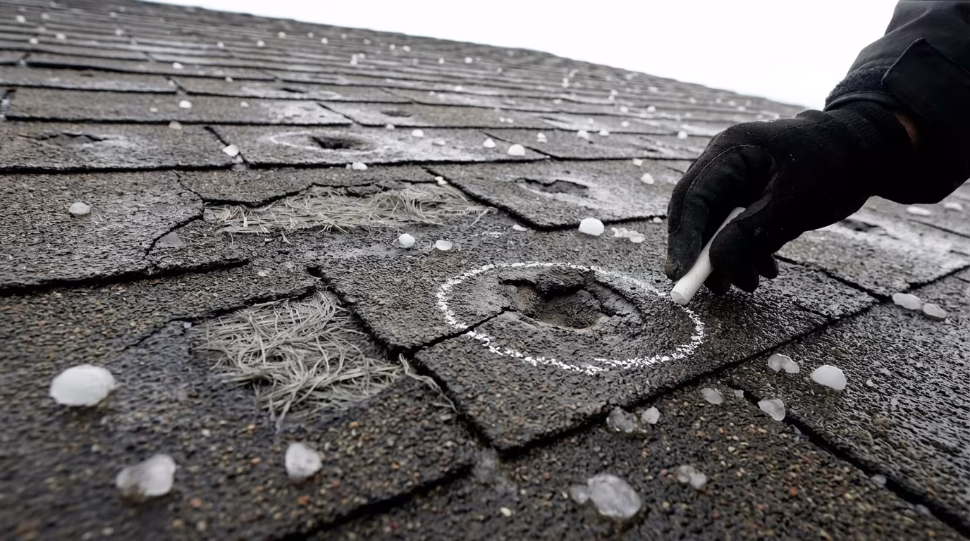 Hail damage on asphalt shingles with chalk-marked impact points during roof inspection