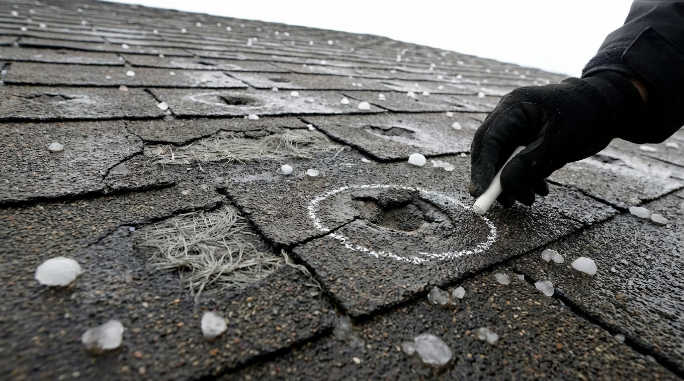Hail damage on asphalt shingles with chalk-marked impact points during roof storm damage inspection