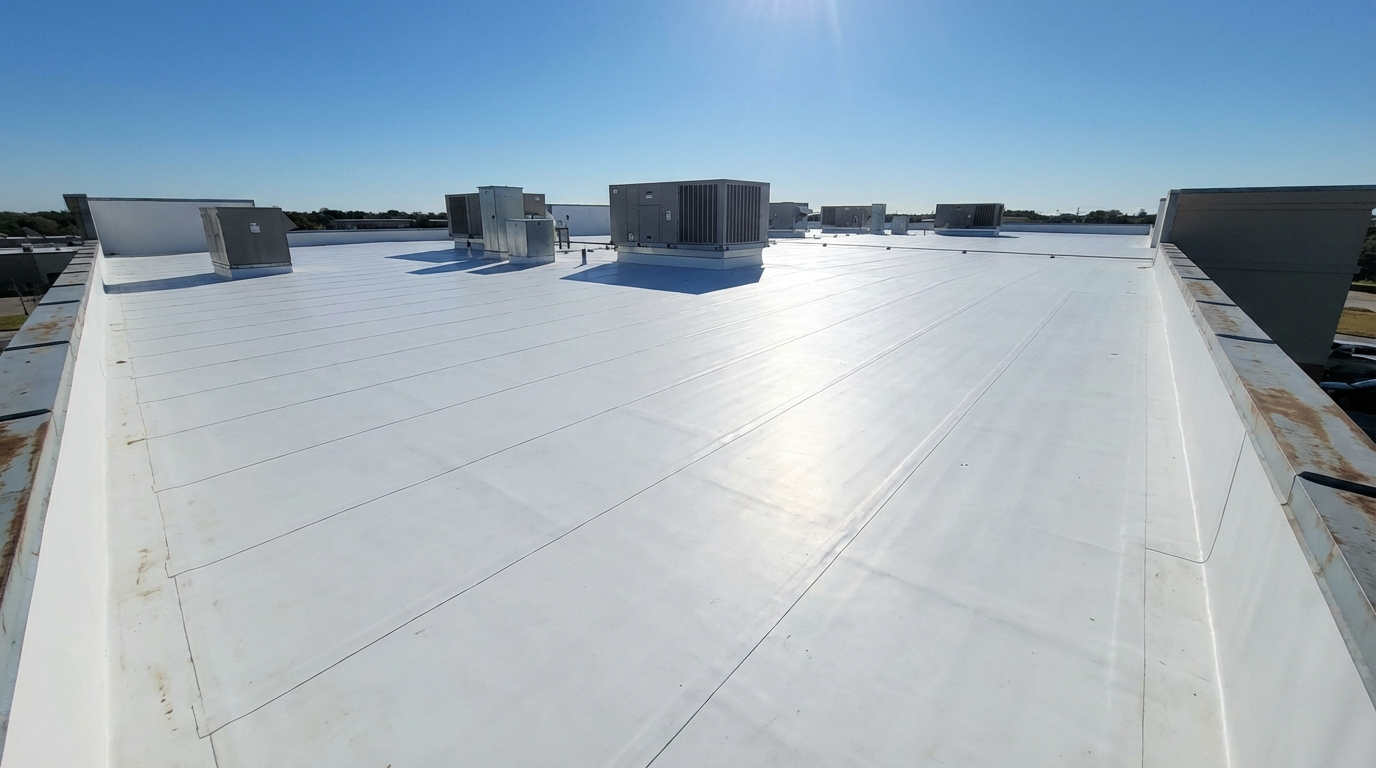 TPO single-ply membrane commercial roof installation on warehouse building in Arkansas