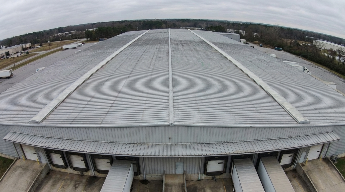 Standing seam metal roof on commercial warehouse facility