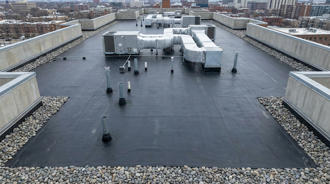 EPDM rubber membrane roofing system installed on commercial flat roof