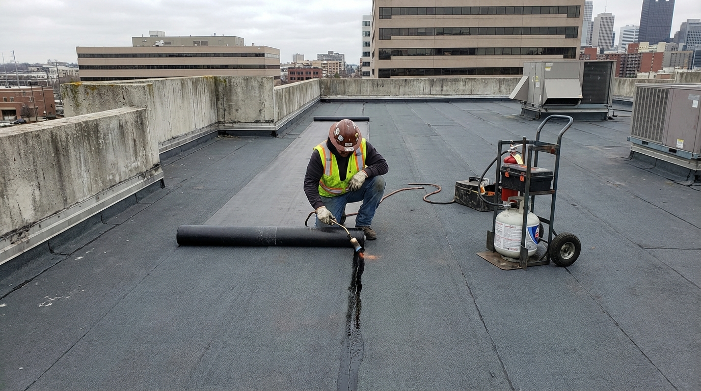Modified bitumen torch-applied commercial roofing installation by licensed contractor