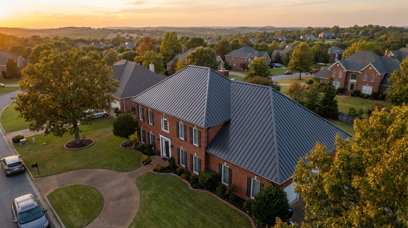 Exposed fastener metal roof system on brick colonial home