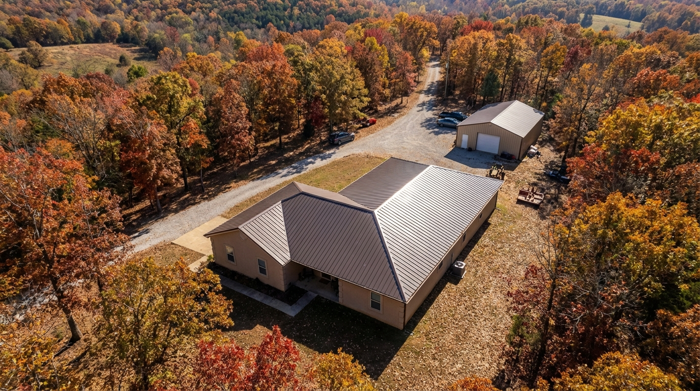 Corrugated metal roof panels on residential property