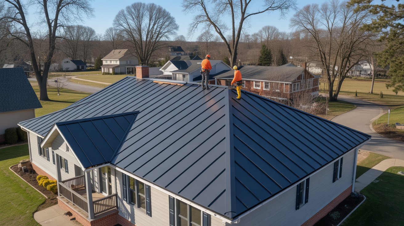 Standing seam metal roof installation crew with safety harnesses finishing trim work on residential home