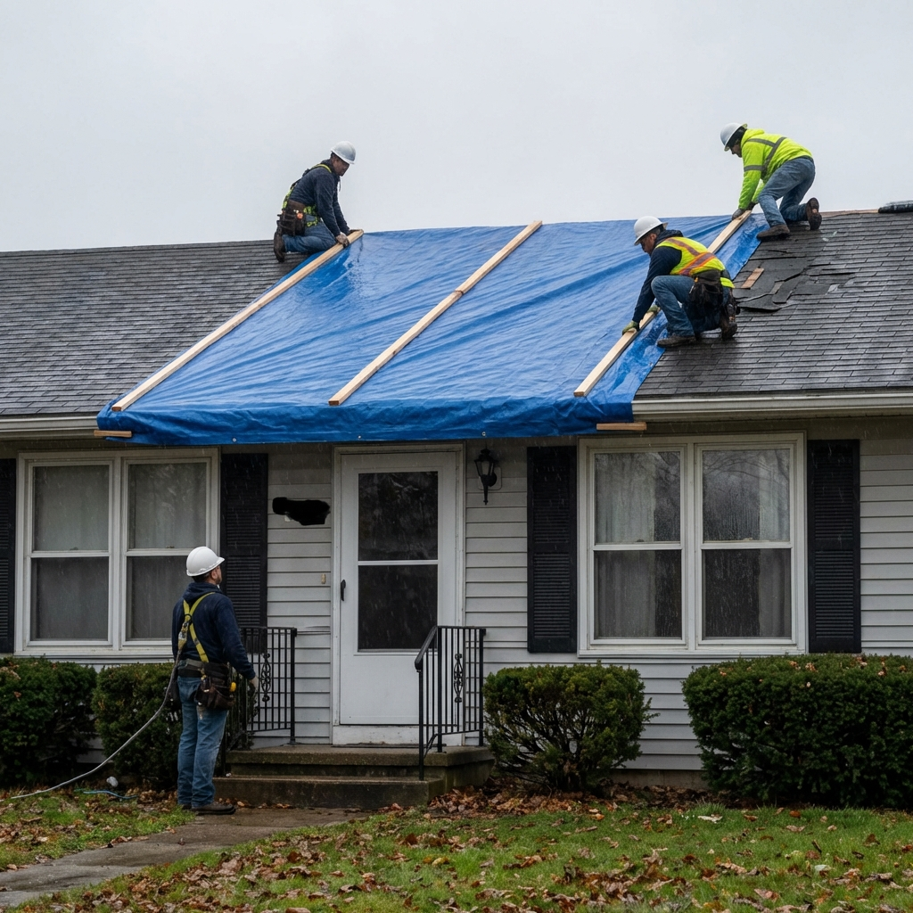Professional roof tarp installation on small residential storm damage area