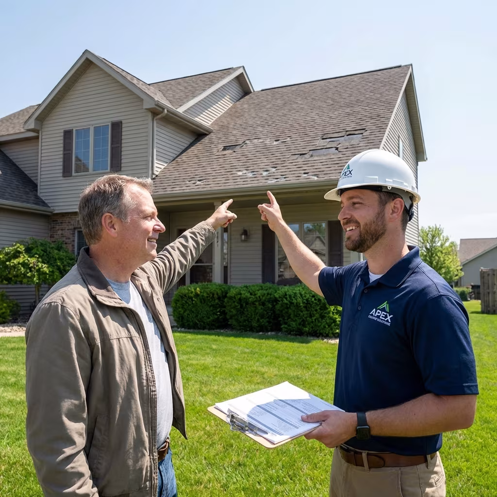 Homeowner discussing storm-damaged roof with roofing contractor during insurance claim inspection